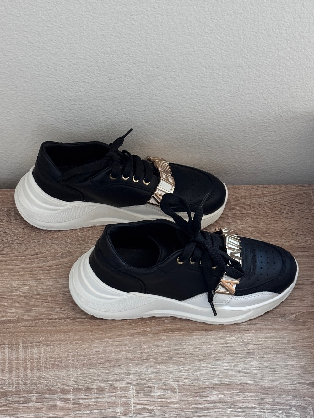 Valentino Black Leather Sneakers with Gold Logo Strap Size 38 - Picture 4 of 5